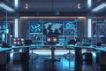 A modern marketing office showcasing screens displaying AI algorithms analyzing user behavior and optimizing ad