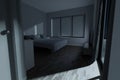 Modern master bedroom at night with moon light, 3d rendering. Royalty Free Stock Photo