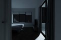 Modern master bedroom at night with moon light, 3d rendering. Royalty Free Stock Photo