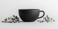 Modern matte black coffee cup with eucalyptus and coffee beans on white background Royalty Free Stock Photo