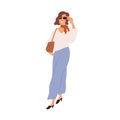 Modern mature woman wearing fashion clothes and sunglasses. Happy female walking in trendy outfit, neck scarf, blouse