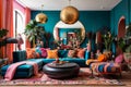 modern maximalist living room interior, eclectic