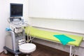 Interior of examination room with ultrasonography machine in hospital laboratory. Modern medical equipment in clinic, medical