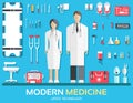 Modern medical equipment in flat design background concept. Infographic elements set with doctor and nurse around medicine tools. Royalty Free Stock Photo