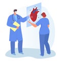 Modern medical equipment, virtual reality therapeutic technology, doctor together study human heart cartoon vector