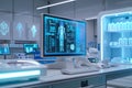 A modern medical laboratory with a high-tech computer displaying AI-powered diagnostic tools. Generative AI