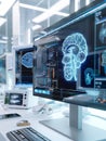 A modern medical laboratory showcasing AI-powered diagnostic tools. A large screen displays a 3D model of a brain