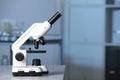 Modern medical microscope on gray table in laboratory, space for text Royalty Free Stock Photo