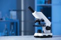 Modern medical microscope on gray table in laboratory, space for text Royalty Free Stock Photo