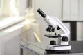 Modern medical microscope on metal table in laboratory, space for text Royalty Free Stock Photo