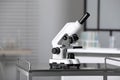 Modern medical microscope on metal table in laboratory, space for text Royalty Free Stock Photo