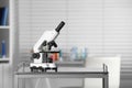 Modern medical microscope on metal table in laboratory, space for text Royalty Free Stock Photo