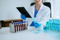 Modern medical research laboratory. female scientist working with micro pipettes analyzing biochemical samples, advanced science Royalty Free Stock Photo