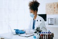 Modern medical research laboratory. African female scientist working with micro pipettes analyzing biochemical samples, advanced