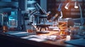 Modern Medical Research Laboratory with Microscope and Test Tubes with Biochemicals on the Desk. Generative Ai