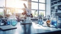 Modern Medical Research Laboratory with Microscope and Test Tubes with Biochemicals on the Desk. Generative Ai