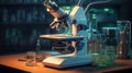 Modern Medical Research Laboratory with Microscope and Test Tubes with Biochemicals on the Desk.