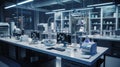 Modern Medical Research Laboratory with Microscope and Test Tubes with Biochemicals on the Desk. Scientific Lab