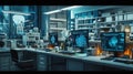 Modern Medical Research Laboratory with Microscope and Test Tubes with Biochemicals on the Desk. Scientific Lab