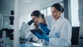 Modern Medical Research Laboratory: Two Female Scientists Working Together Using Microscope, Analy Royalty Free Stock Photo