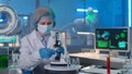 Modern medical research laboratory. Woman researcher in a white gown, mask, blue gloves and a bonnet is examining a