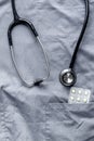 Modern medicine workplace with stethoscope fabric background flat lay space for text Royalty Free Stock Photo