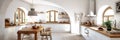 Modern mediterranean interior design of kitchen with arched ceiling and windows, wooden dining table and wicker chairs. Created