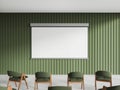 Modern meeting interior with chairs in row and mock up projection screen