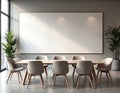 Modern meeting room features a large empty whiteboard on wall, conference table, and chairs. Natural light streams through large Royalty Free Stock Photo