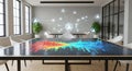 Modern meeting room with holographic network and data visualization on smart table Royalty Free Stock Photo