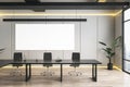 Modern meeting room interior with empty white mock up banner, furniture, wooden flooring and window with city view and daylight. Royalty Free Stock Photo
