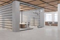 Modern meeting room interior with furniture and window with city view and daylight. Wooden concrete floor and wall, partition,