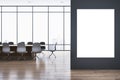 Modern meeting room interior with mock up banner on wall, reflections on wooden flooring and panoramic window with city view and Royalty Free Stock Photo