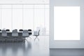 Modern meeting room interior with mock up place on wall, reflections on concrete flooring and panoramic window with city view and Royalty Free Stock Photo