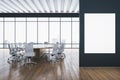Modern meeting room interior with mock up poster on wall, reflections on wooden parquet flooring and panoramic window with city Royalty Free Stock Photo