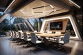 Modern meeting room interior with white conference table and tv screen