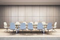 A modern meeting room with a long table and chairs set on a wooden floor against a textured wall, empty business interior. 3D Royalty Free Stock Photo