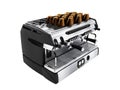 Modern metal coffee machine on chotry cup with set of 3d render cups on white background no shadow