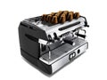 Modern metal coffee machine on chotry cup with set of 3d render cups on white background with shadow