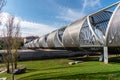 Modern metal footbridge over Manzanares River in Madrid