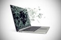 Modern metal laptop with broken screen isolated on white background. 3d illustration Royalty Free Stock Photo