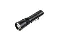 Modern metal LED flashlight in black color. Portable flashlight isolate on a white back