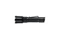 Modern metal LED flashlight in black color. Portable flashlight isolate on a white back