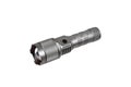 Modern metal LED flashlight in gray color. Portable flashlight isolate on a white back Royalty Free Stock Photo