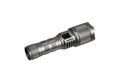 Modern metal LED flashlight in gray color. Portable flashlight isolate on a white back Royalty Free Stock Photo