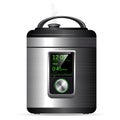 Modern metal Multicooker. Pressure cooker for cooking food under pressure. Electronic control. Side view.