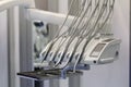 Modern metallic dentist tools and burnishers on a dentist chair in dentist clinic Royalty Free Stock Photo