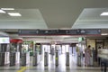 Modern metallic turnstile gate, entrance of railway station Paveletsky railway terminal. Moscow, Russia