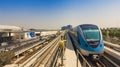 Modern metro station at Dubai International airport city view