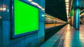 modern metro station with a motion-blurred train passing by, featuring a vivid green screen on a billboard, ready for